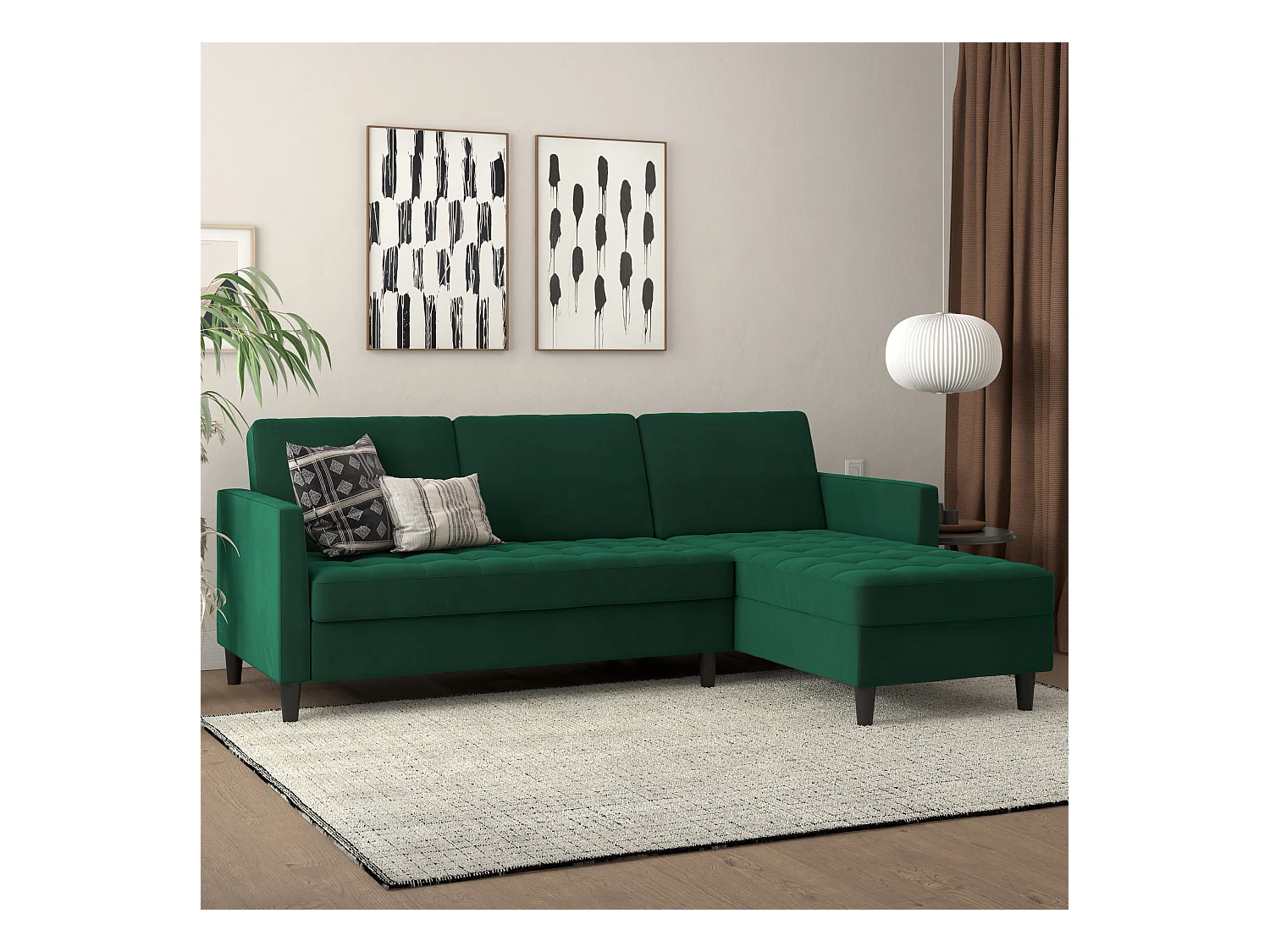 Presley | Canapé-lit 3 places avec méridienne en velours vert foncé