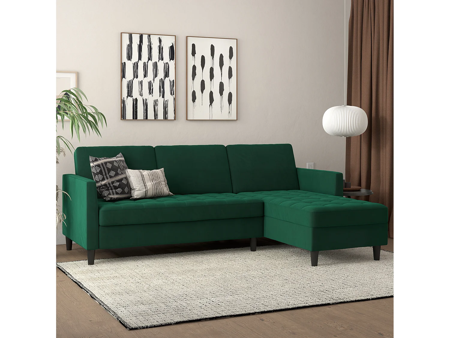 Presley | Canapé-lit 3 places avec méridienne en velours vert foncé
