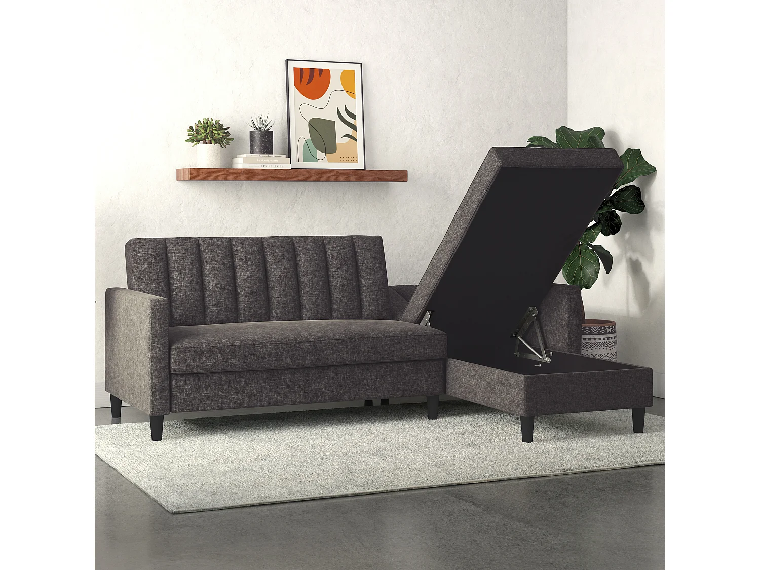 Celine | Canapé convertible 3 places avec méridienne en lin anthracite