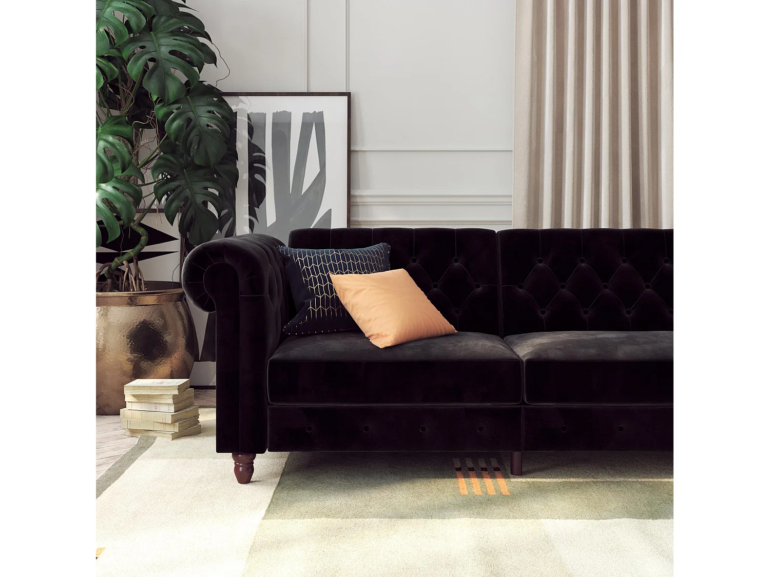Felix | Canapé convertible Chesterfield 3 places en velours noir
