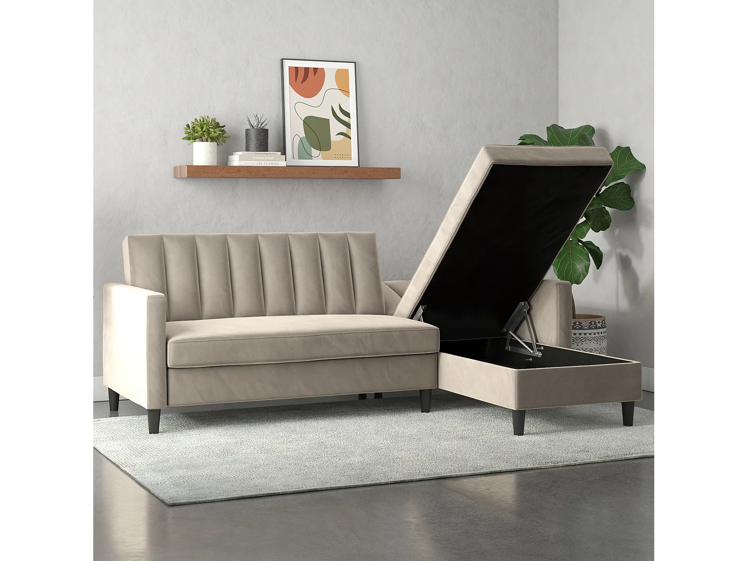 Celine | Canapé convertible 3 places avec méridienne en velours taupe