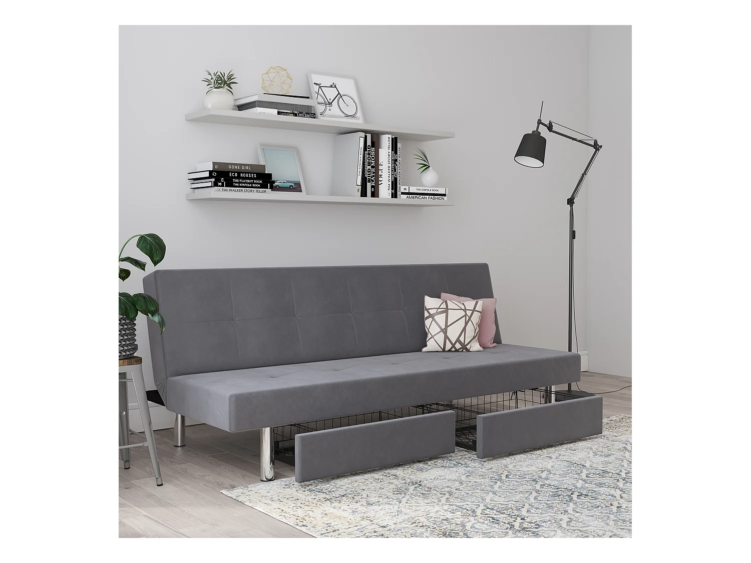 Erica | Futon mit Stauraum aus hellgrauer Mikrofaser