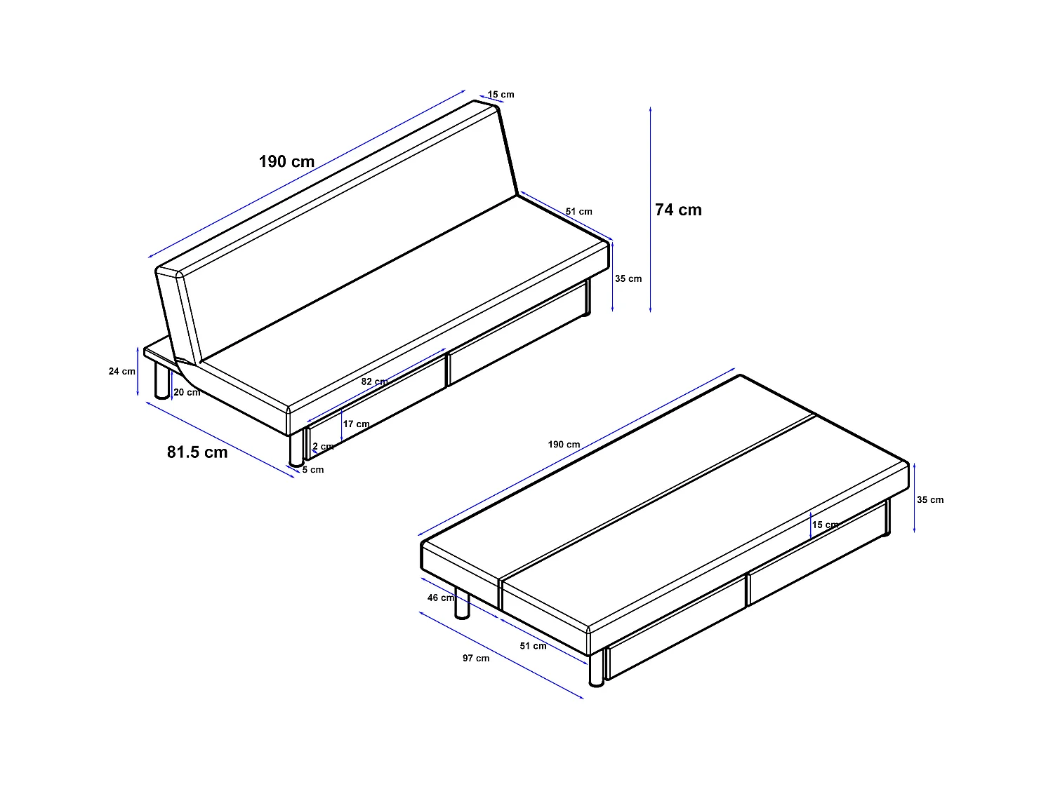 Erica | Futon mit Stauraum aus hellgrauer Mikrofaser