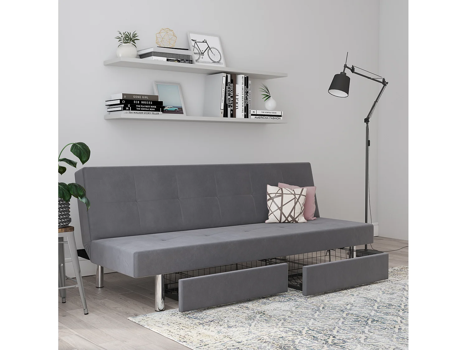 Erica | Futon avec rangement en microfibre gris clair