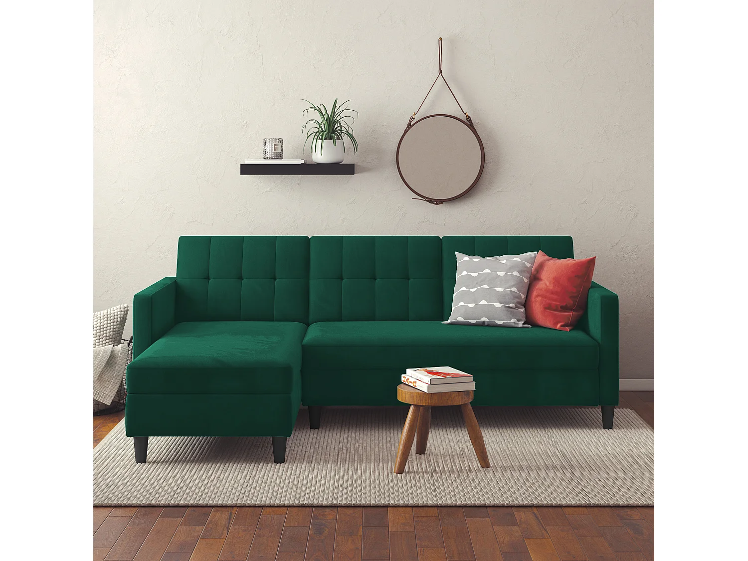 Hartford | Canapé lit 3 places avec méridienne en lin vert foncé