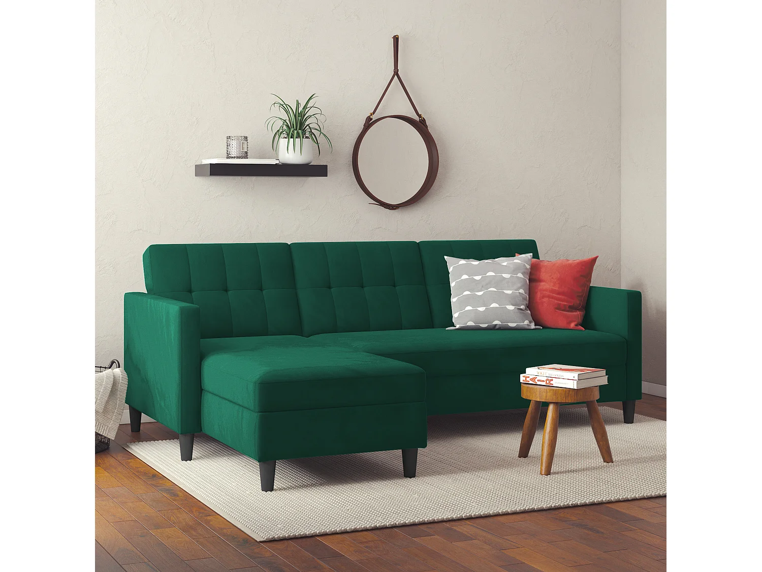 Hartford | Canapé lit 3 places avec méridienne en lin vert foncé