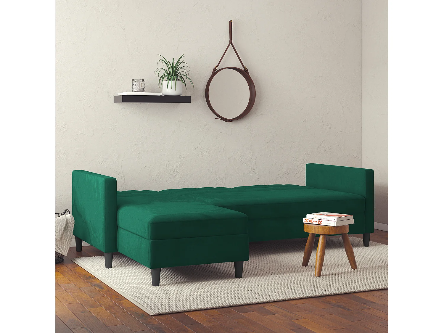 Hartford | Canapé lit 3 places avec méridienne en lin vert foncé