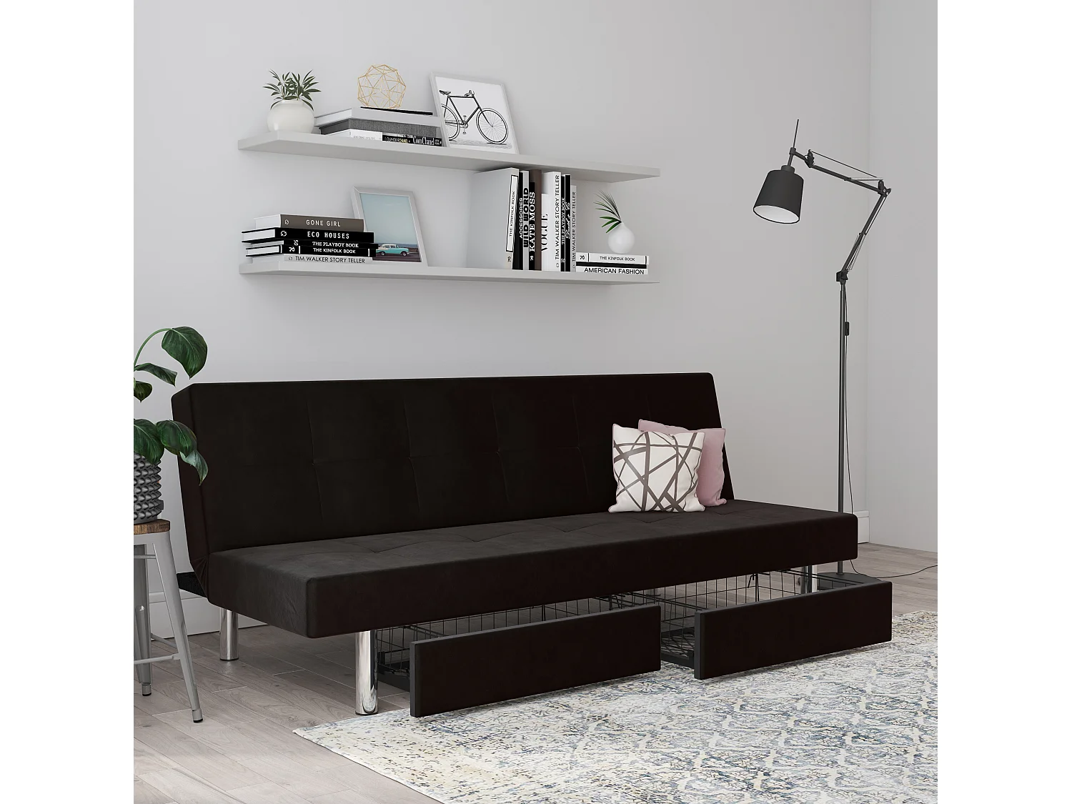 Erica | Futon avec rangement en microfibre anthracite