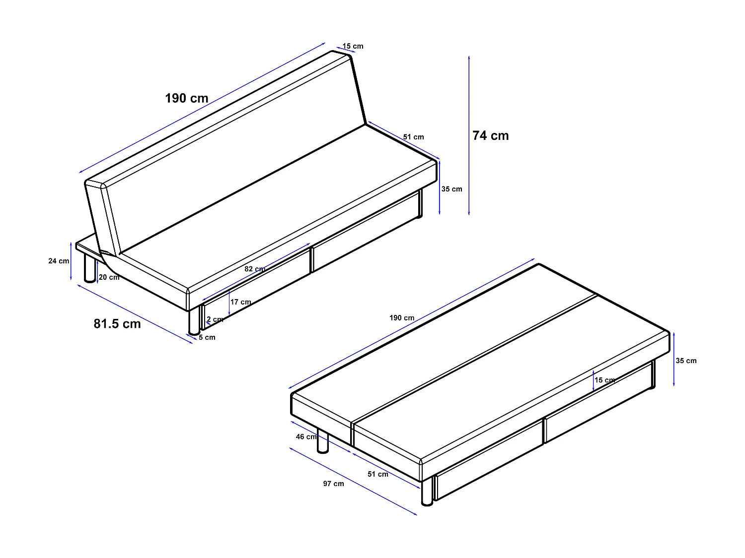 Erica | Futon avec rangement en microfibre anthracite