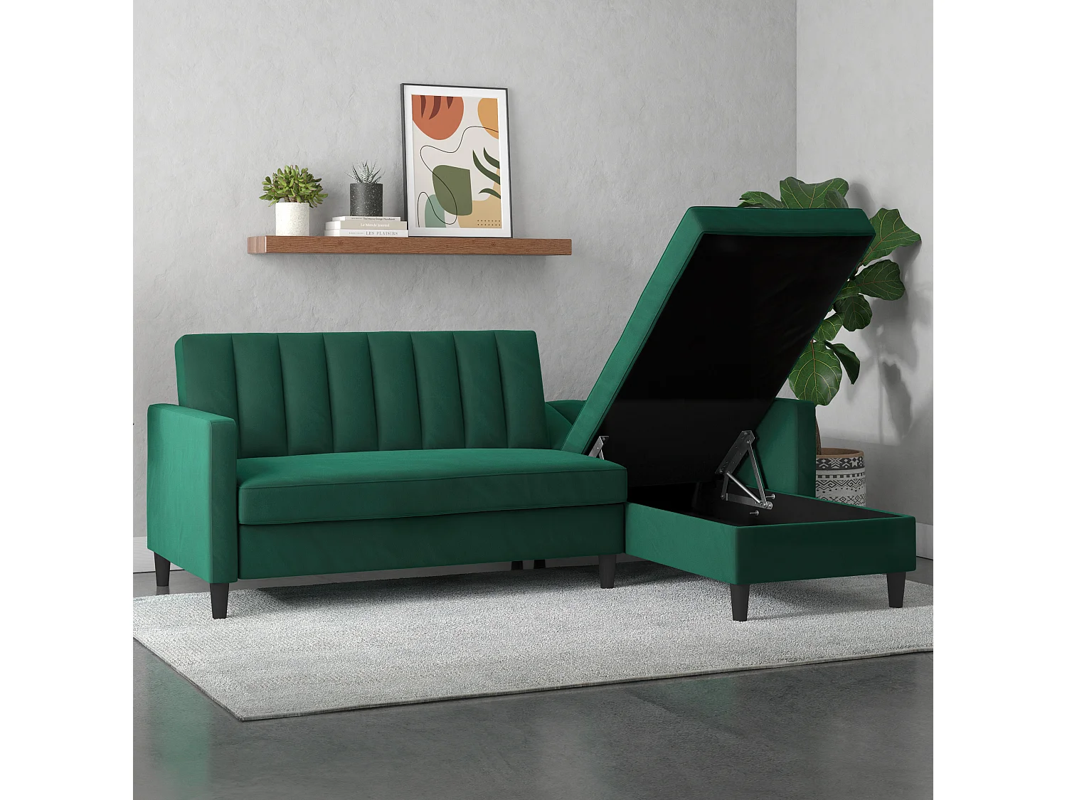 Celine | Canapé-lit 3 places avec méridienne en velours vert foncé