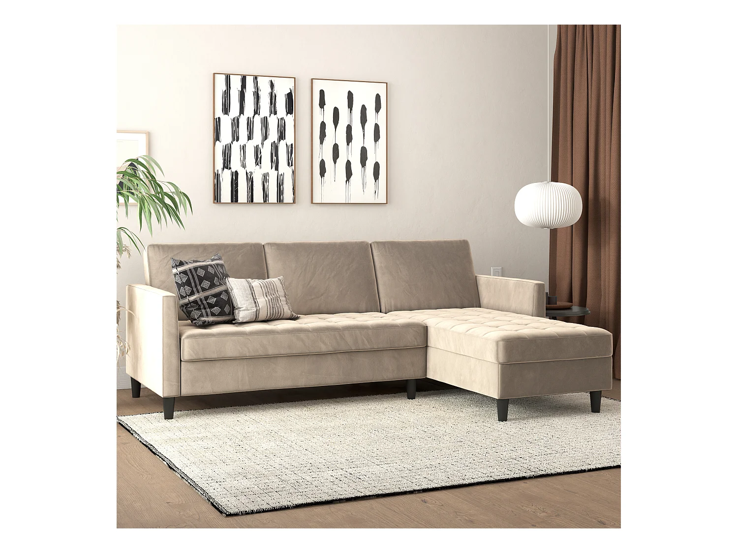 Presley | Canapé convertible 3 places avec méridienne en velours taupe