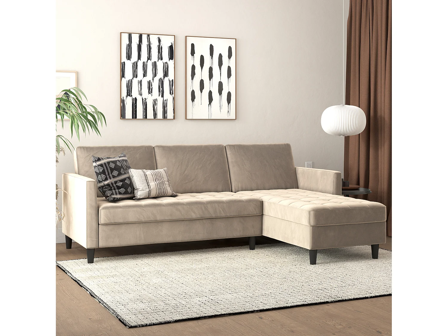 Presley | Canapé convertible 3 places avec méridienne en velours taupe