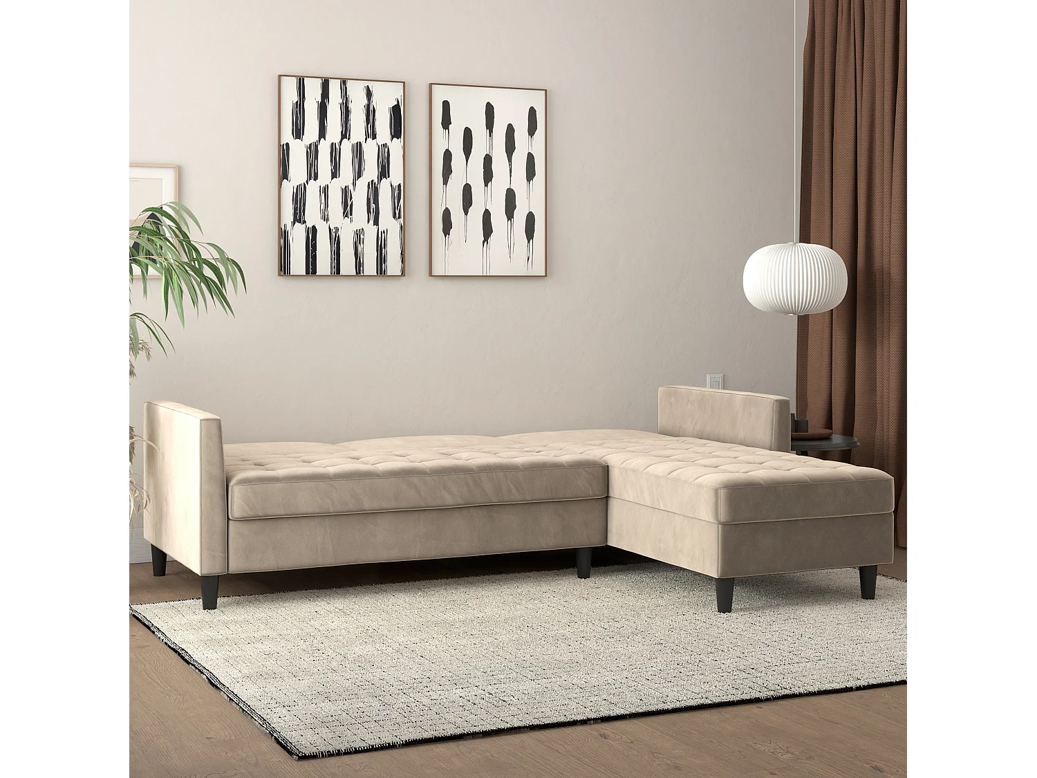 Presley | Canapé convertible 3 places avec méridienne en velours taupe