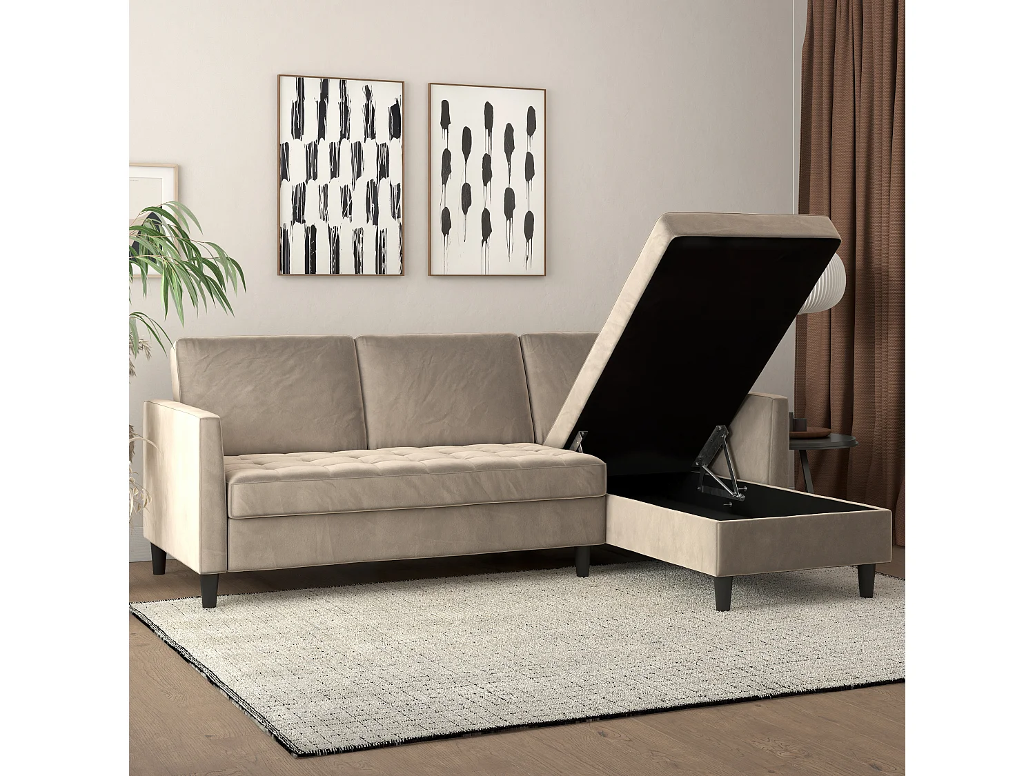 Presley | Canapé convertible 3 places avec méridienne en velours taupe