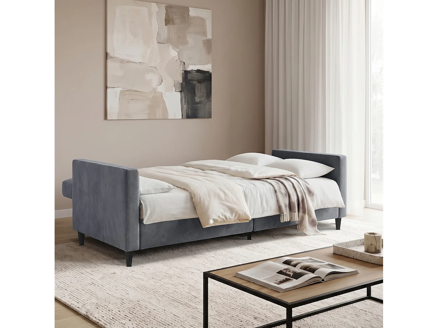 Canapé convertible 3 places en velours gris anthracite HARTFORD