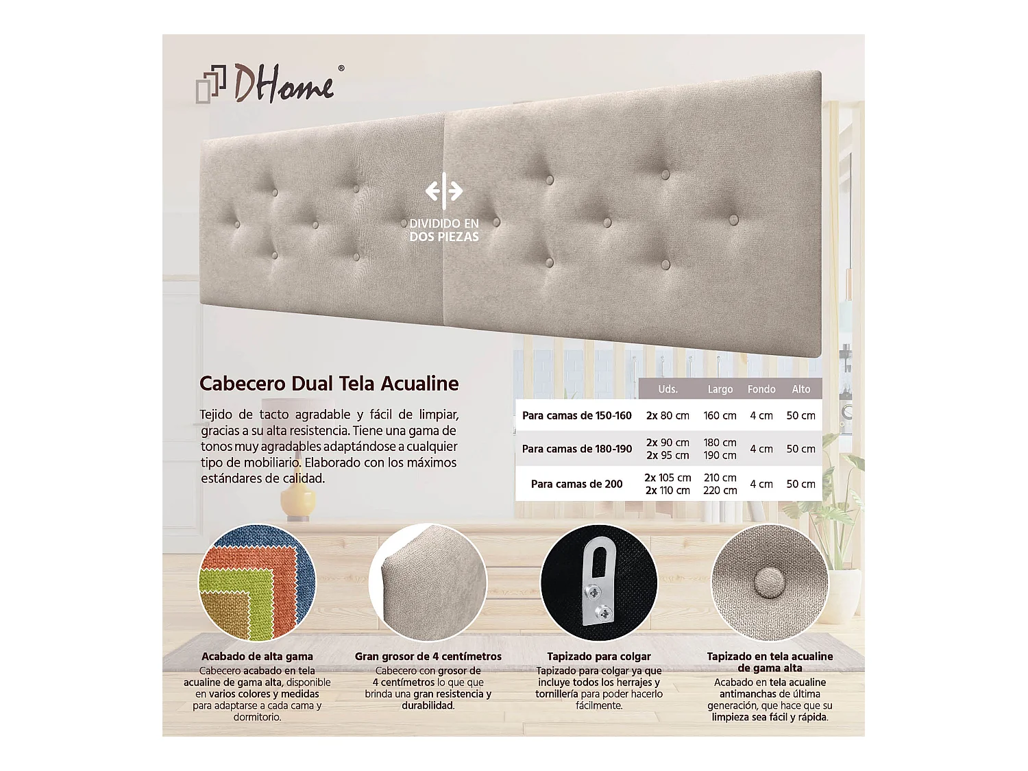 DHOME Tête de Lit en Tissu ACUALINE avec 3 Rangées Entrelacées de Boutons Tête de Lit Capitonnée de Luxe(Beige, 160cm (2 pièces))