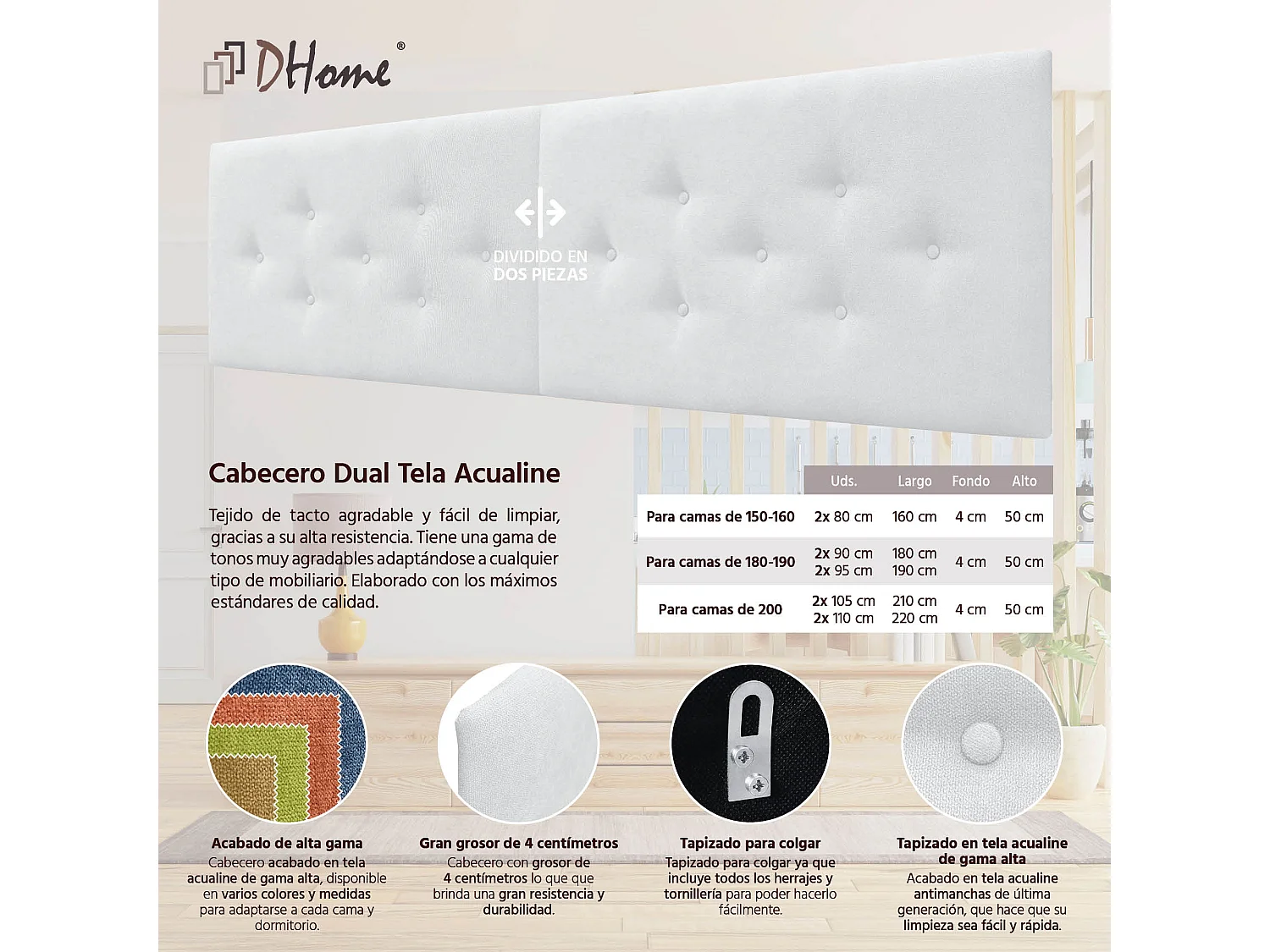 DHOME Tête de Lit en Tissu ACUALINE avec 3 Rangées Entrelacées de Boutons Tête de Lit Capitonnée de Luxe(Blanc, 180cm (2 pièces))