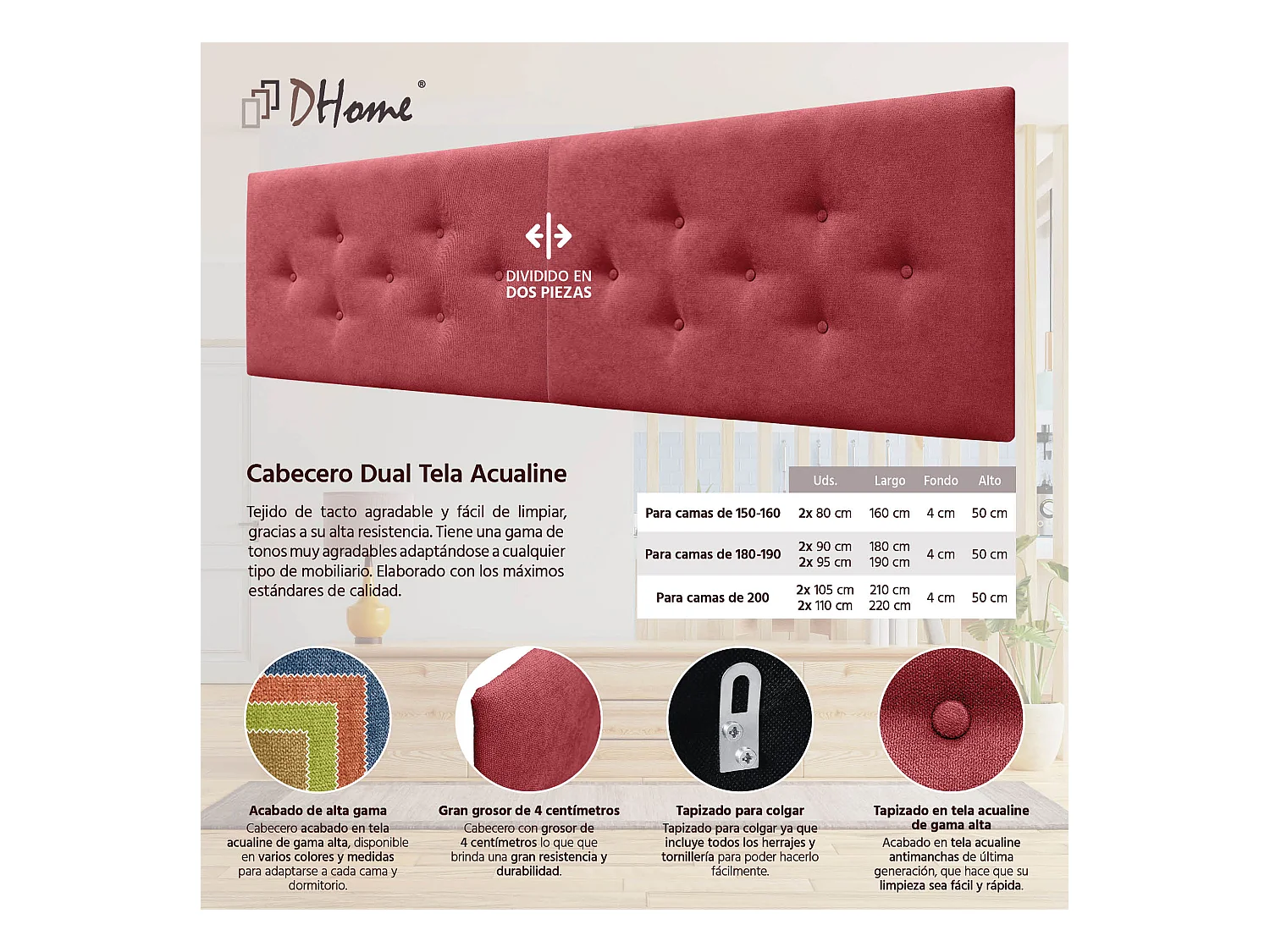 DHOME Tête de Lit en Tissu ACUALINE avec 3 Rangées Entrelacées de Boutons Tête de Lit Capitonnée de Luxe(Rouge, 210cm (2 pièces))