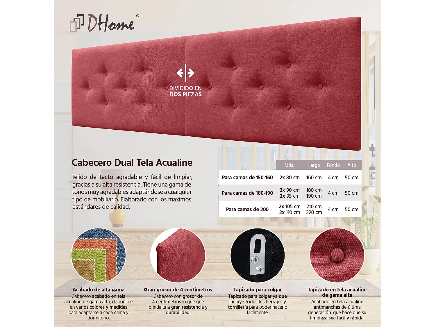 DHOME Tête de Lit en Tissu ACUALINE avec 3 Rangées Entrelacées de Boutons Tête de Lit Capitonnée de Luxe(Rouge, 210cm (2 pièces))