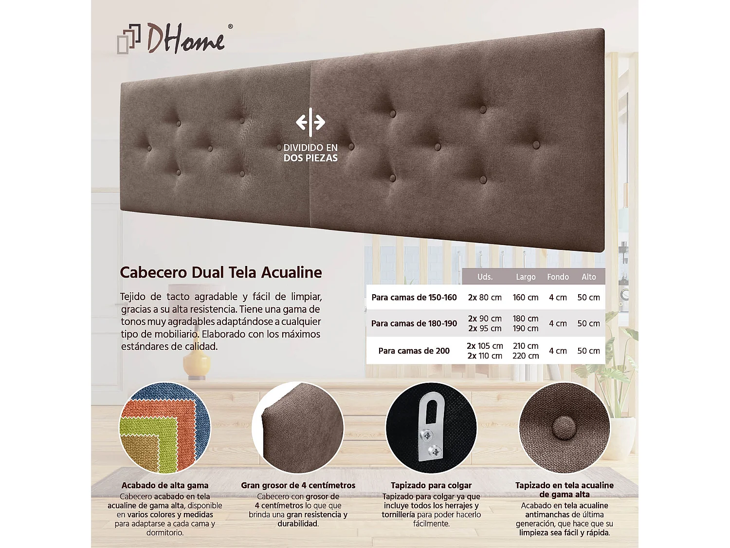 DHOME Tête de Lit en Tissu ACUALINE avec 3 Rangées Entrelacées de Boutons Tête de Lit Capitonnée de Luxe(Marrón, 220cm (2 pièces))