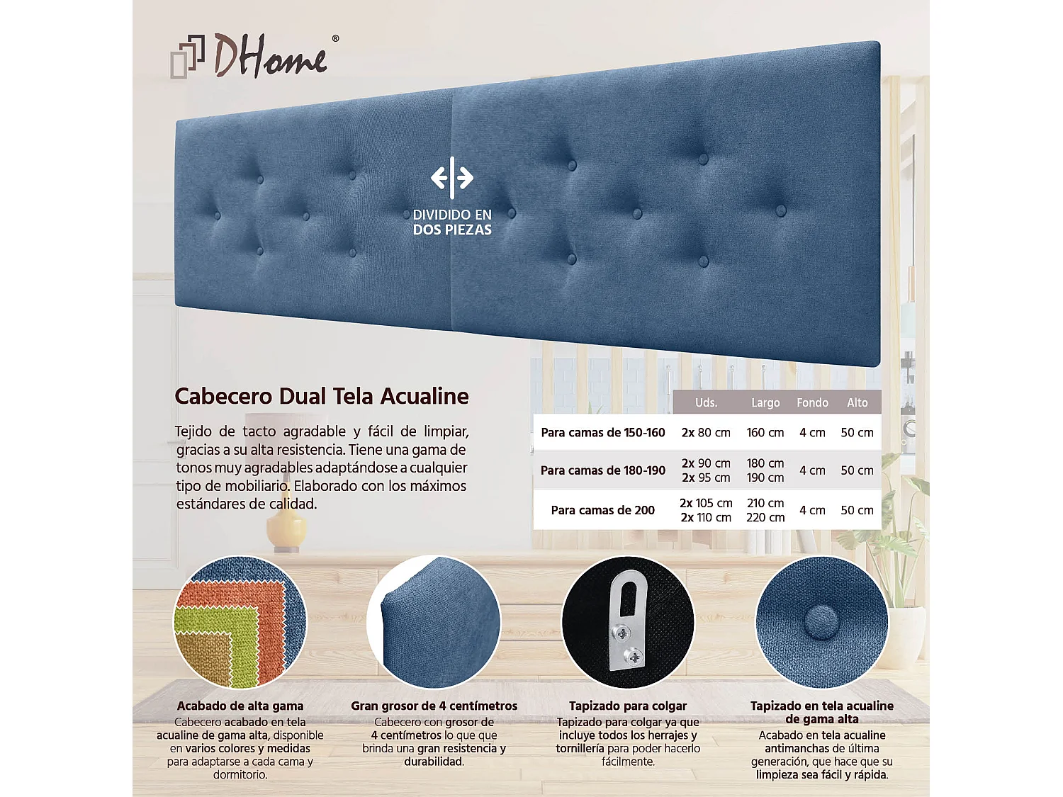 DHOME Tête de Lit en Tissu ACUALINE avec 3 Rangées Entrelacées de Boutons Tête de Lit Capitonnée de Luxe(Bleu, 180cm (2 pièces))