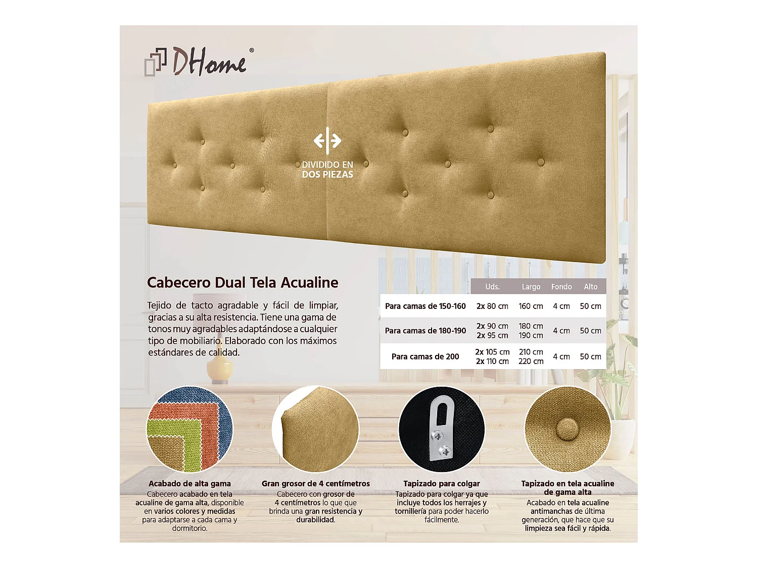 DHOME Tête de Lit en Tissu ACUALINE avec 3 Rangées Entrelacées de Boutons Tête de Lit Capitonnée de Luxe(Moutarde, 220cm (2 pièces))