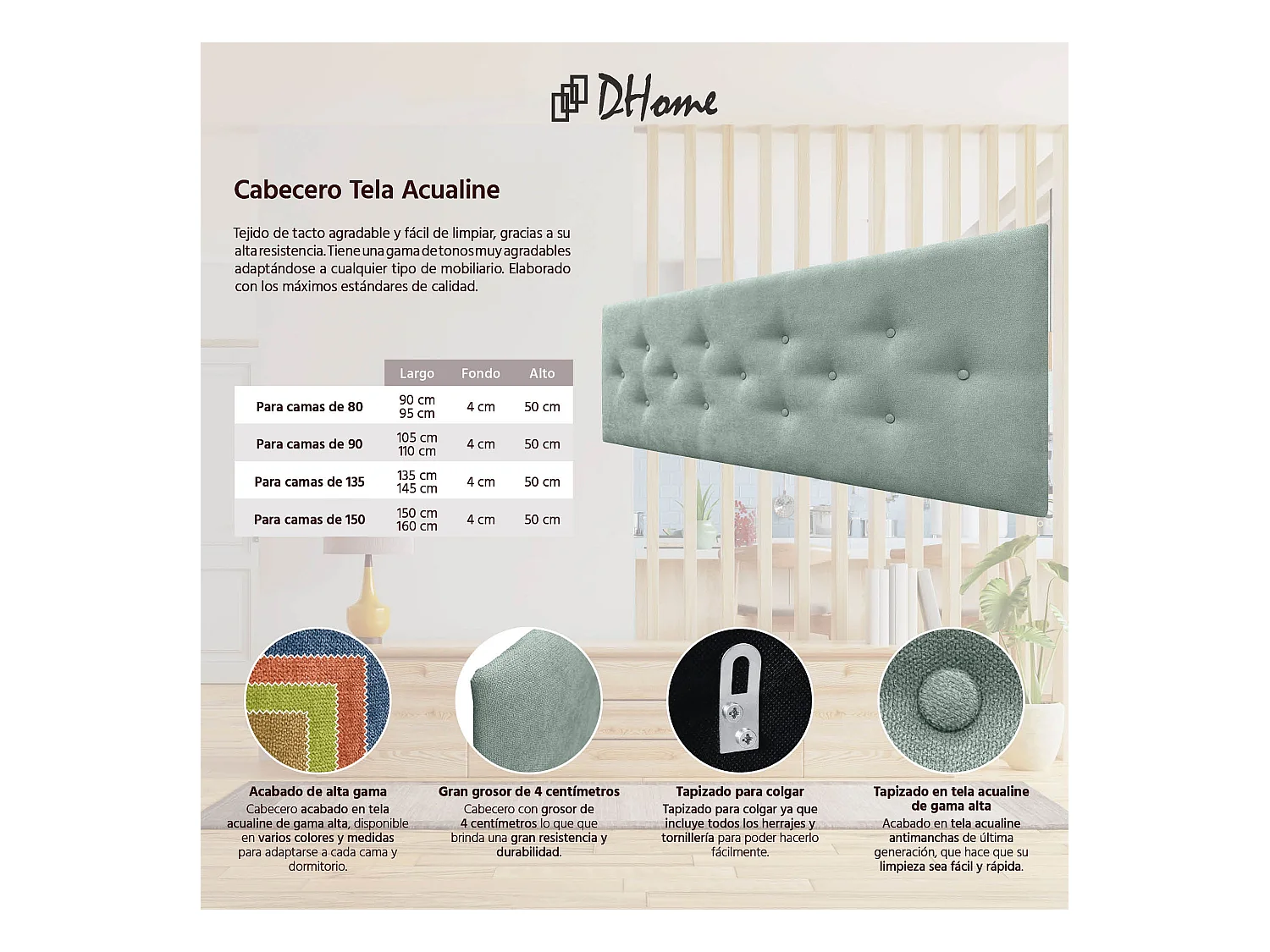 DHOME Tête de Lit en Tissu ACUALINE avec 3 Rangées Entrelacées de Boutons Tête de Lit Capitonnée de Luxe(Vert d’eau, 135cm)