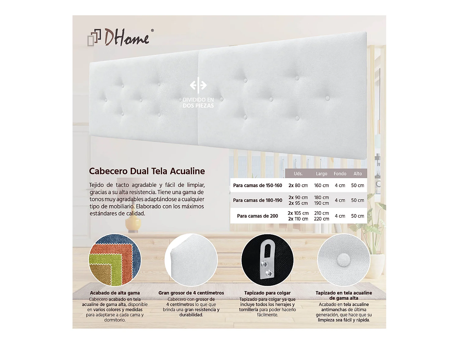 DHOME Tête de Lit en Tissu ACUALINE avec 3 Rangées Entrelacées de Boutons Tête de Lit Capitonnée de Luxe(Blanc, 220cm (2 pièces))