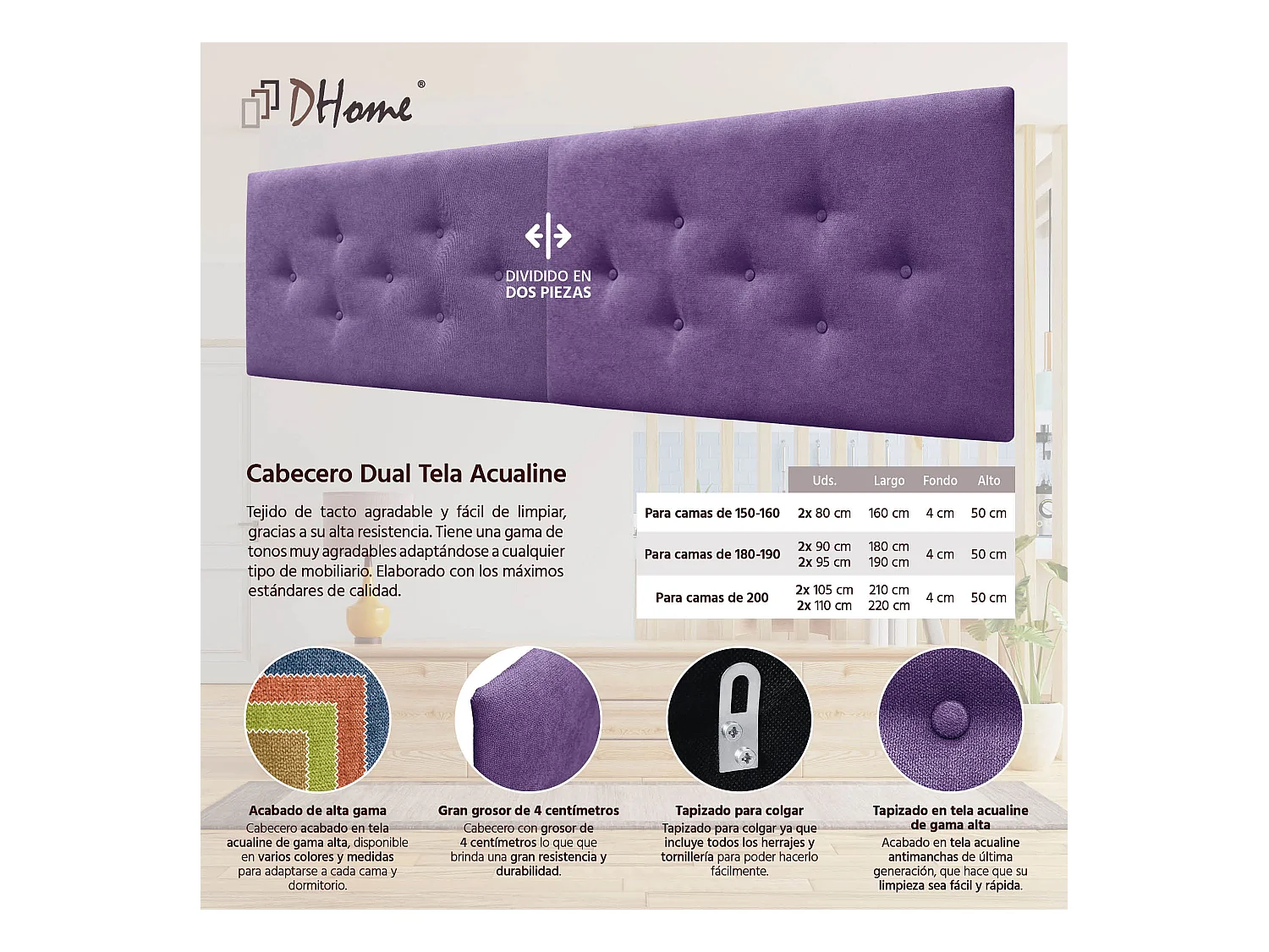 DHOME Tête de Lit en Tissu ACUALINE avec 3 Rangées Entrelacées de Boutons Tête de Lit Capitonnée de Luxe(Lilas, 190cm (2 pièces))