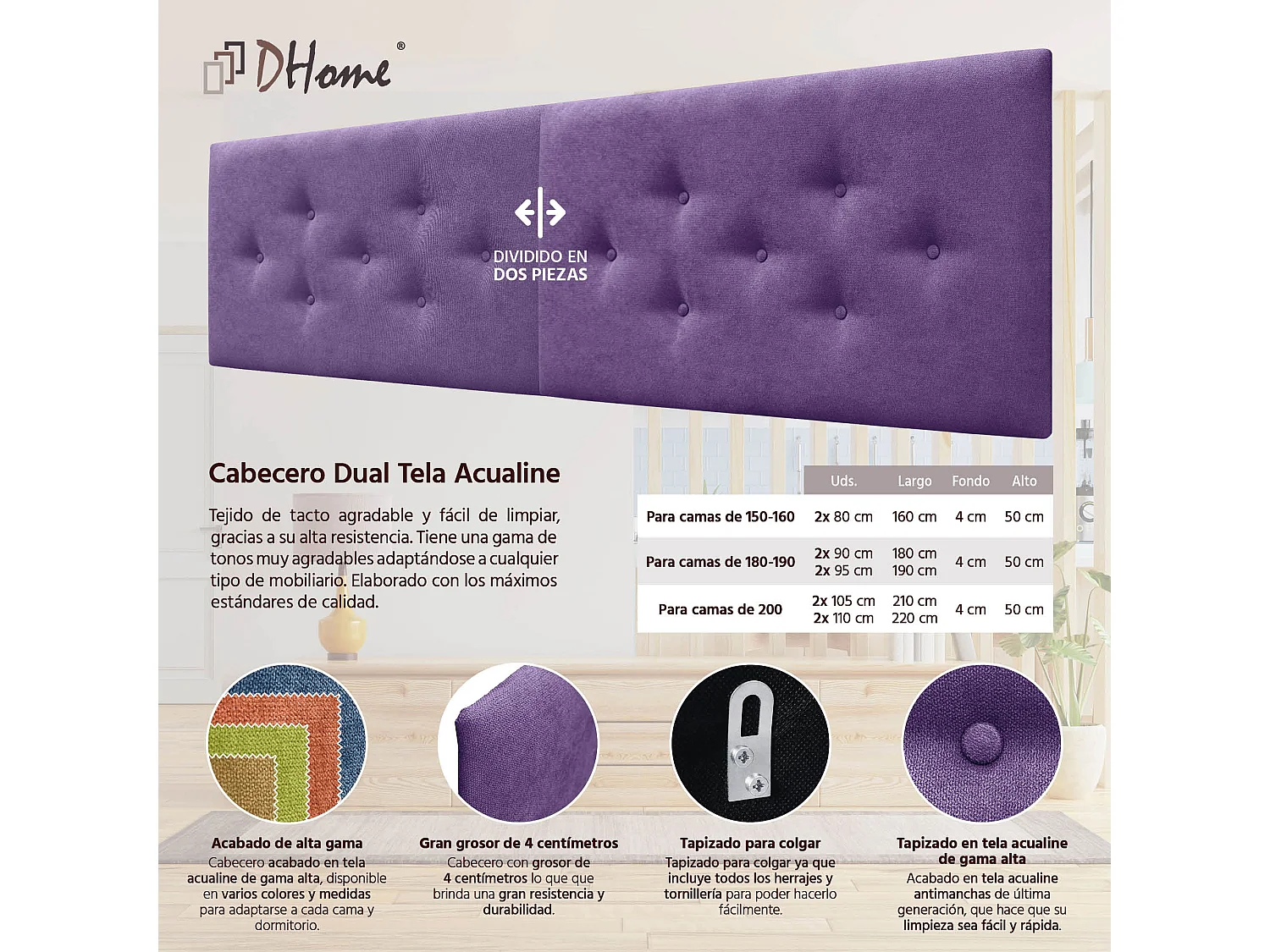 DHOME Kopfteil aus ACUALINE-Stoff mit 3 versetzten Knopf-Reihen, luxuriös gepolstertes Bettkopfteil (Lila, 190cm (2-teilig))