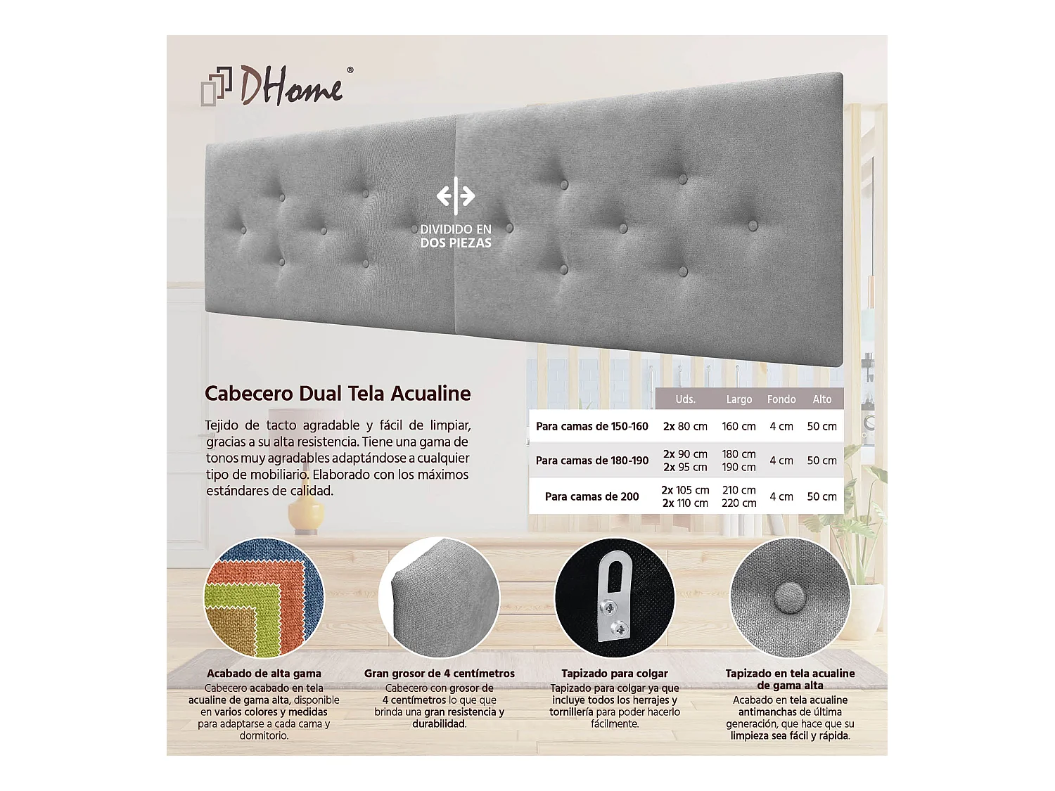 DHOME Tête de Lit en Tissu ACUALINE avec 3 Rangées Entrelacées de Boutons Tête de Lit Capitonnée de Luxe(Gris, 210cm (2 pièces))