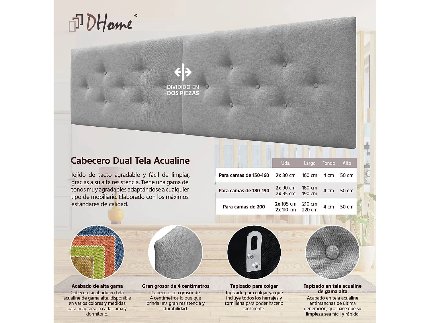 DHOME Tête de Lit en Tissu ACUALINE avec 3 Rangées Entrelacées de Boutons Tête de Lit Capitonnée de Luxe(Gris, 210cm (2 pièces))