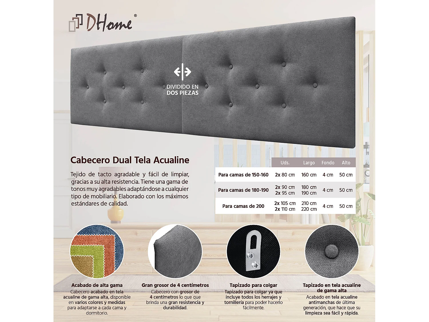 DHOME Tête de Lit en Tissu ACUALINE avec 3 Rangées Entrelacées de Boutons Tête de Lit Capitonnée de Luxe(Gris Ceniza, 160cm (2 pièces))