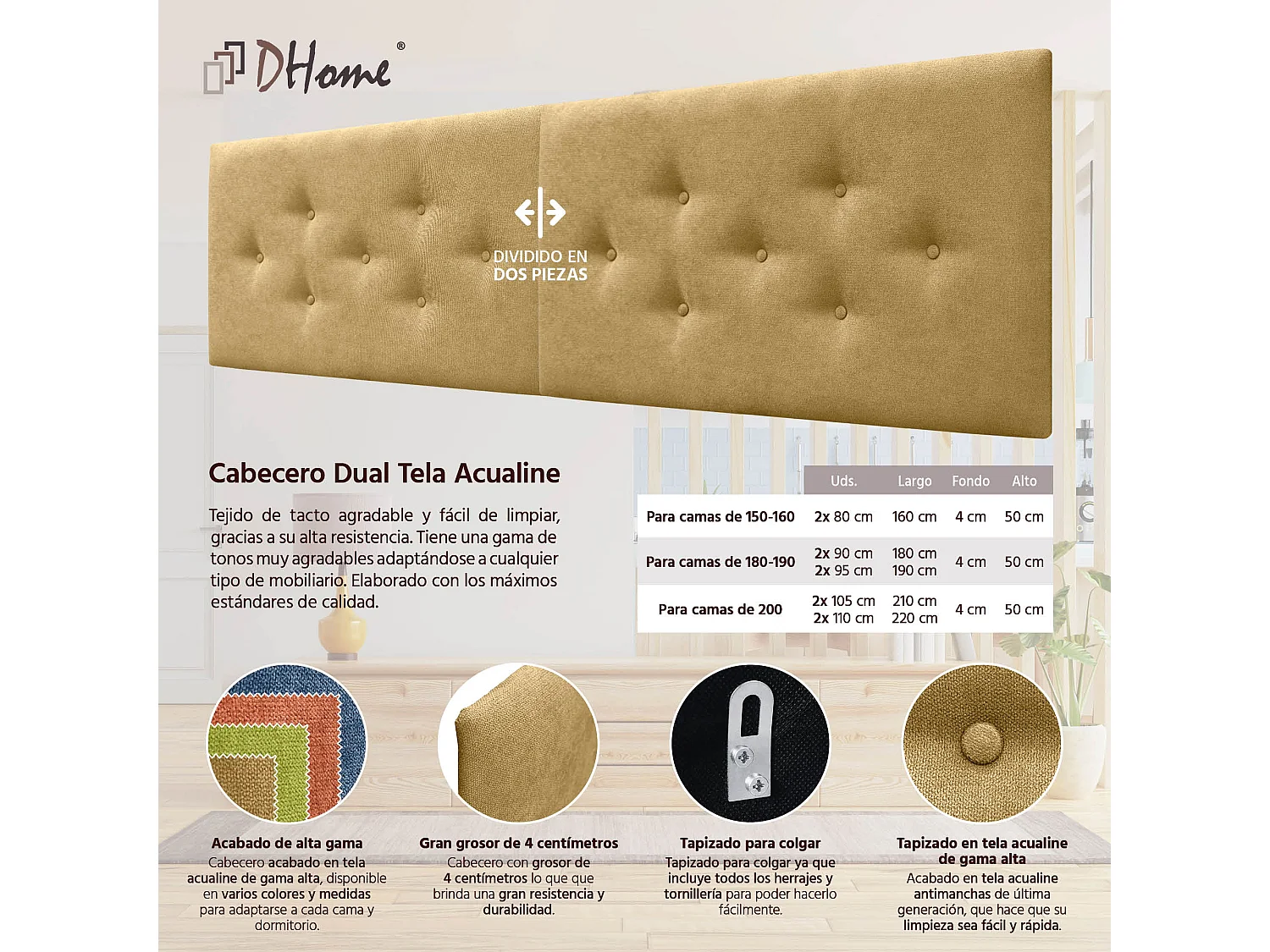 DHOME Tête de Lit en Tissu ACUALINE avec 3 Rangées Entrelacées de Boutons Tête de Lit Capitonnée de Luxe(Moutarde, 180cm (2 pièces))