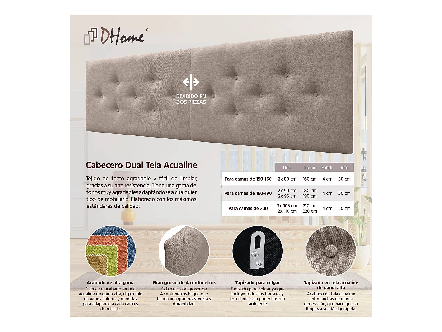 DHOME Tête de Lit en Tissu ACUALINE avec 3 Rangées Entrelacées de Boutons Tête de Lit Capitonnée de Luxe(Tierra, 210cm (2 pièces))