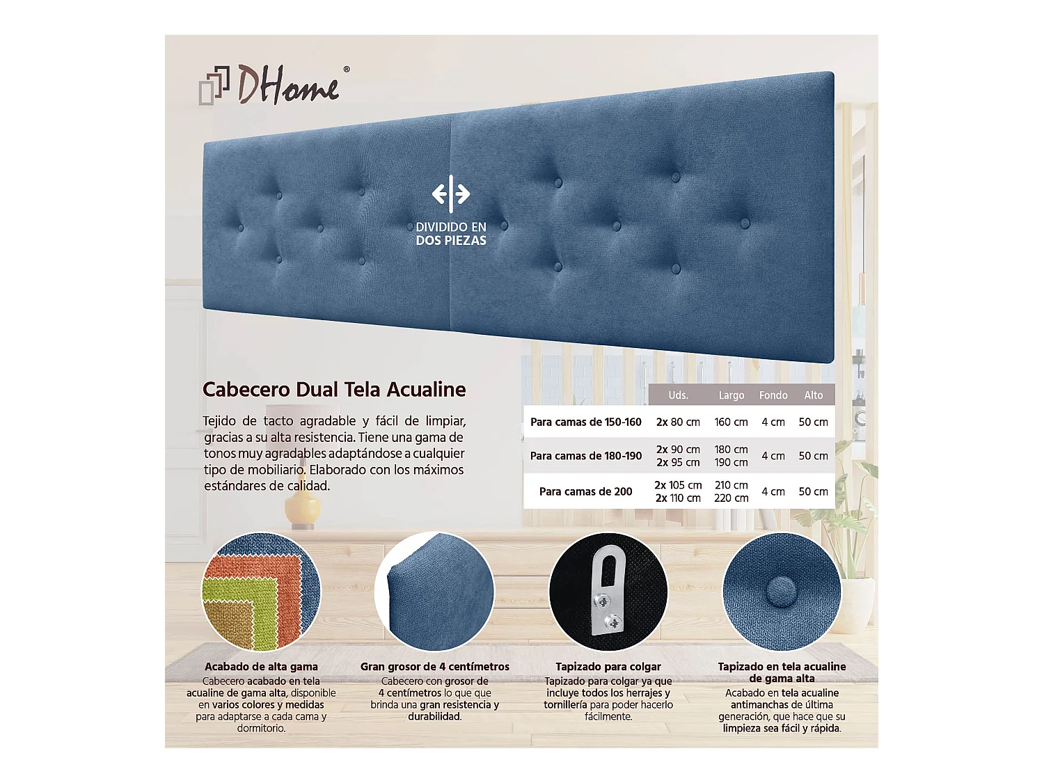 DHOME Tête de Lit en Tissu ACUALINE avec 3 Rangées Entrelacées de Boutons Tête de Lit Capitonnée de Luxe(Bleu, 160cm (2 pièces))