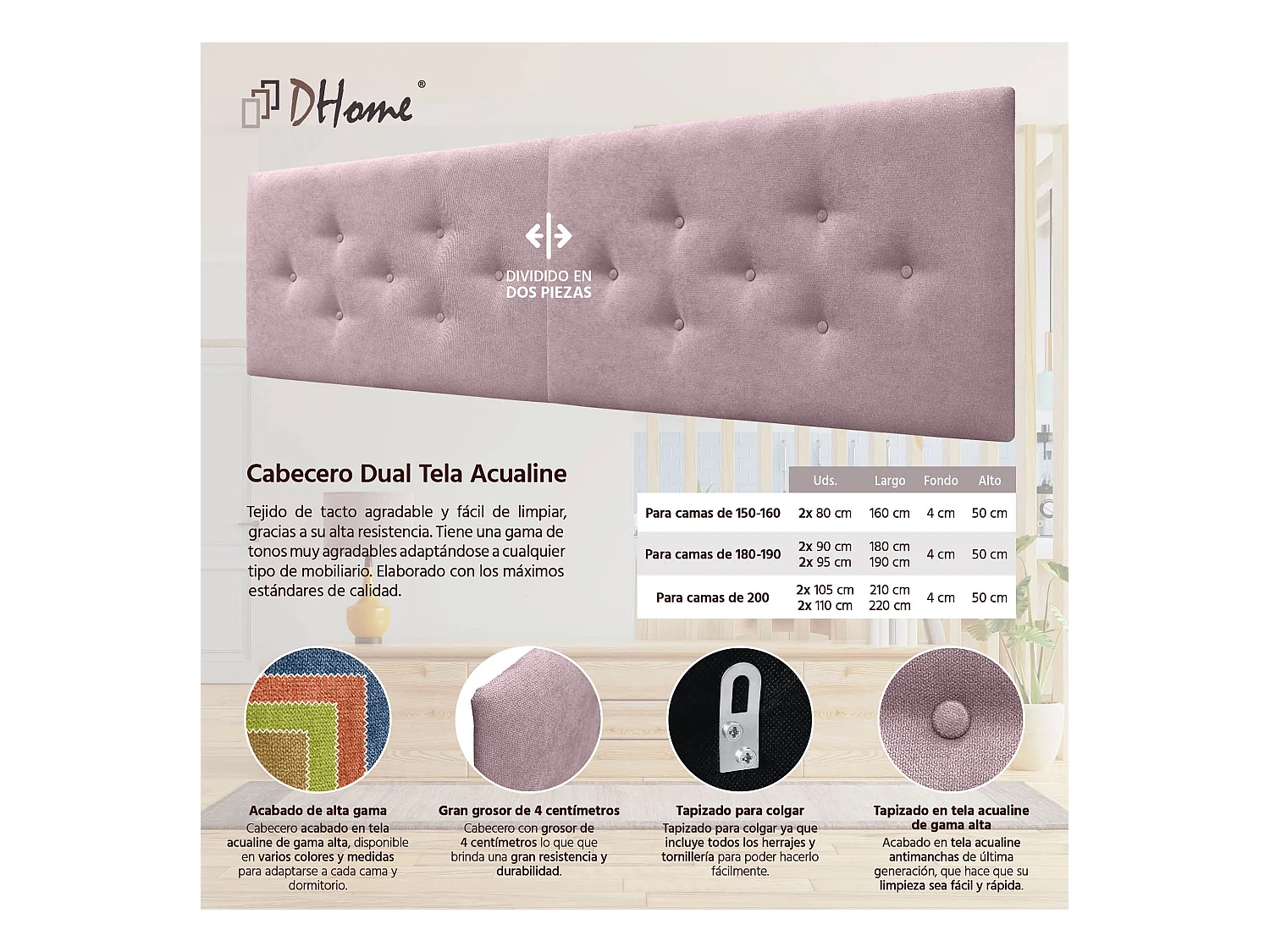 DHOME Tête de Lit en Tissu ACUALINE avec 3 Rangées Entrelacées de Boutons Tête de Lit Capitonnée de Luxe(Rose, 210cm (2 pièces))