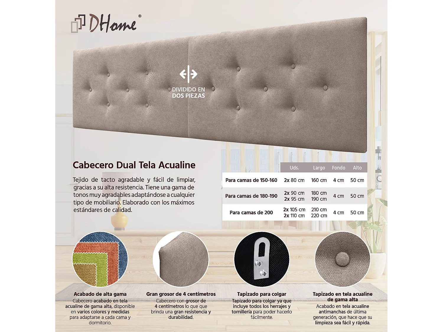 DHOME Tête de Lit en Tissu ACUALINE avec 3 Rangées Entrelacées de Boutons Tête de Lit Capitonnée de Luxe(Tierra, 180cm (2 pièces))