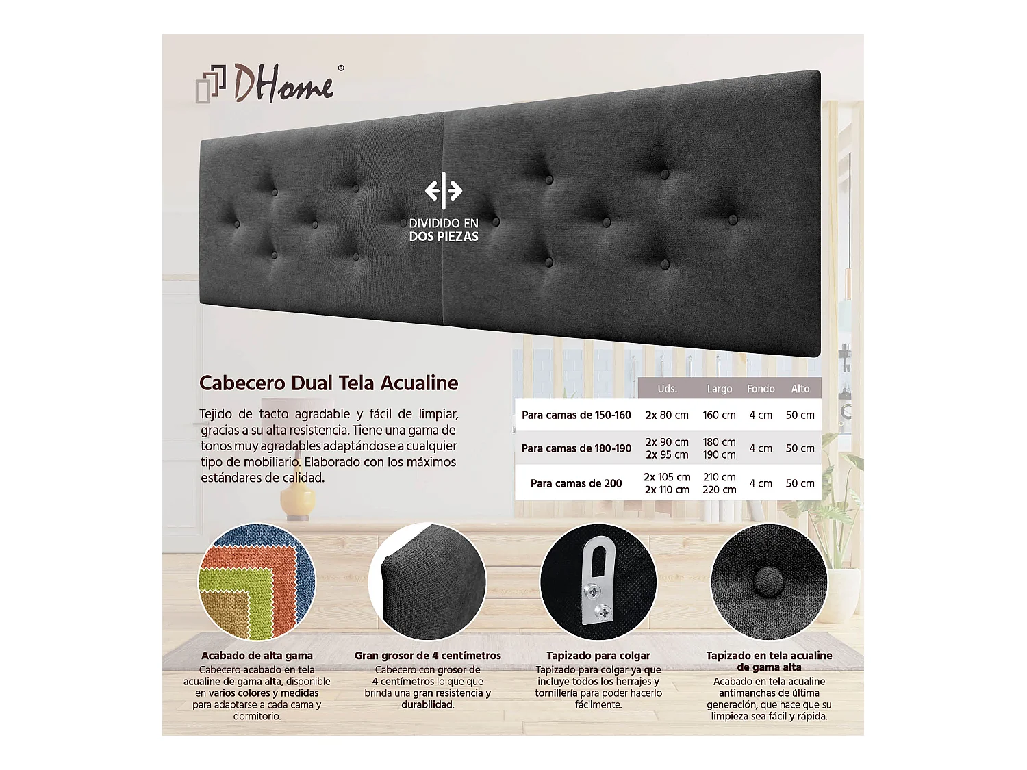 DHOME Tête de Lit en Tissu ACUALINE avec 3 Rangées Entrelacées de Boutons Tête de Lit Capitonnée de Luxe(Noir, 160cm (2 pièces))