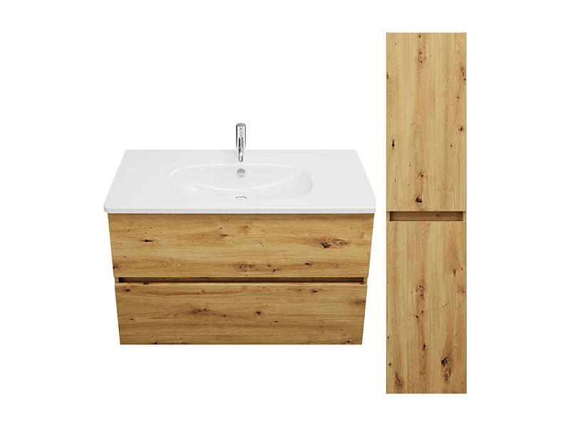 Pack meuble de salle de bain simple vasque BURGBAD Joline 100 cm chêne + colonne