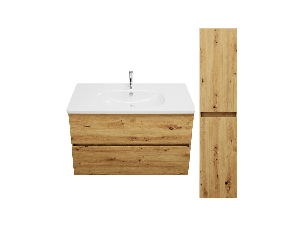 Pack meuble de salle de bain simple vasque BURGBAD Joline 100 cm chêne + colonne