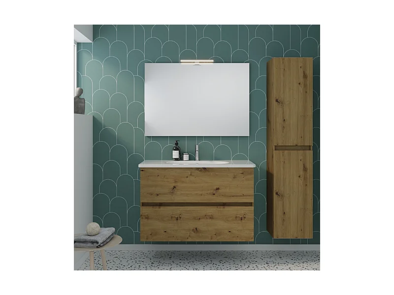 Pack meuble de salle de bain simple vasque BURGBAD Joline 100 cm chêne + colonne