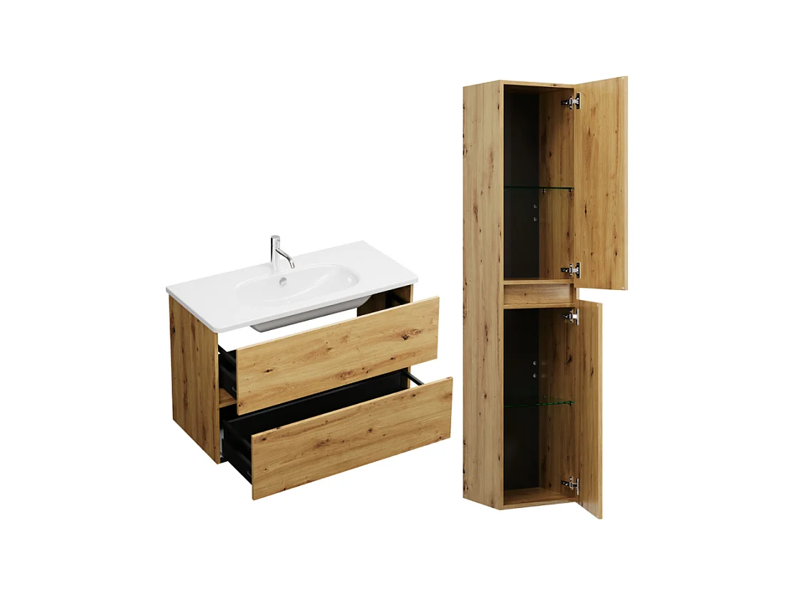 Pack meuble de salle de bain simple vasque BURGBAD Joline 100 cm chêne + colonne