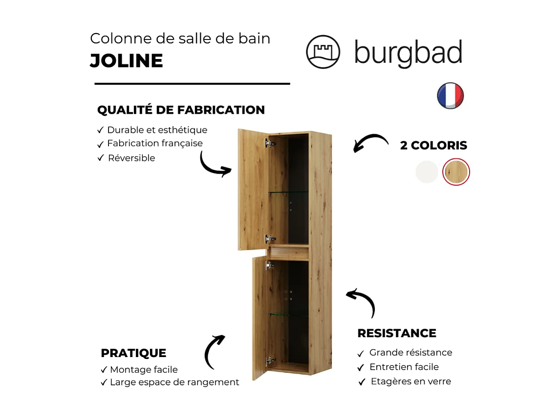 Pack meuble de salle de bain simple vasque BURGBAD Joline 100 cm chêne + colonne