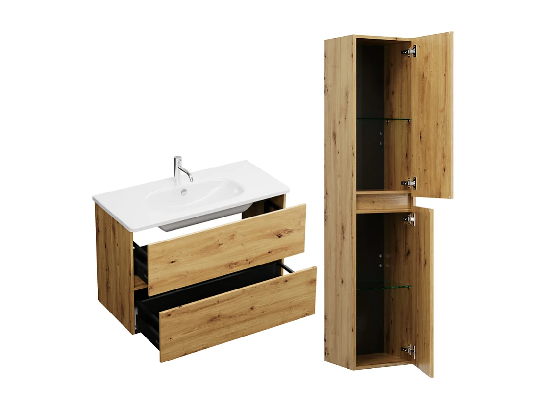 Pack meuble de salle de bain simple vasque BURGBAD Joline 100 cm chêne + colonne