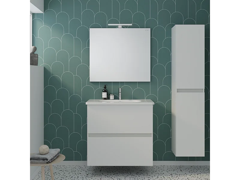 Pack meuble de salle de bain simple vasque 80 cm BURGBAD Joline blanc mat + colonne