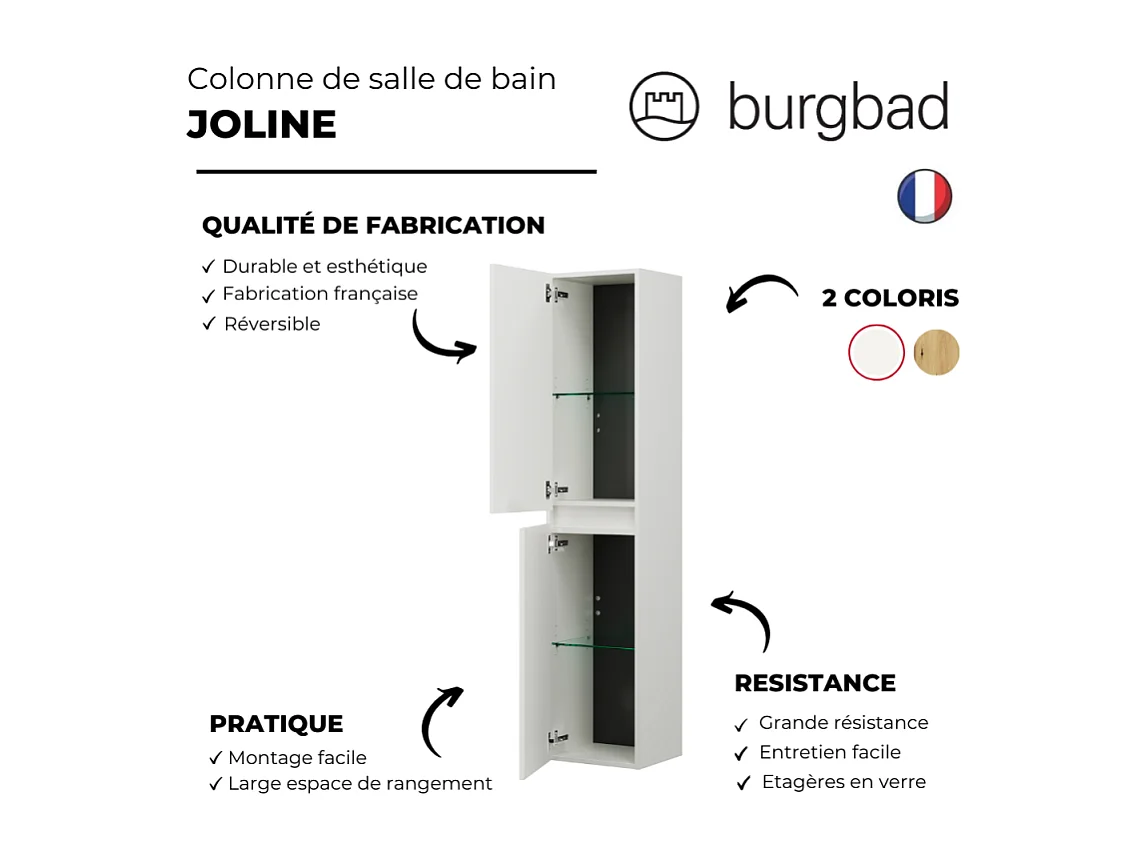 Pack meuble de salle de bain simple vasque 80 cm BURGBAD Joline blanc mat + colonne
