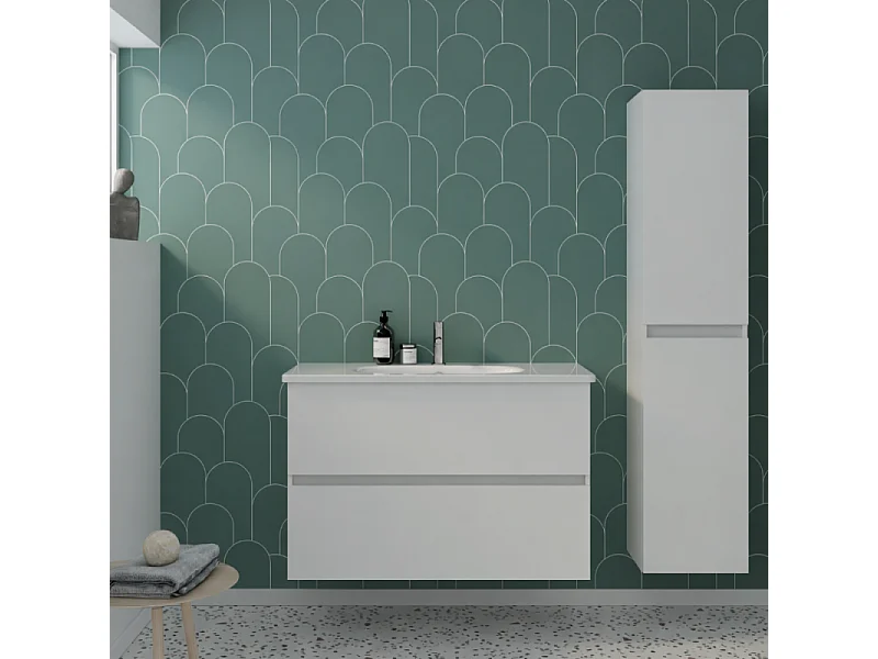 Pack meuble de salle de bain simple vasque 80 cm BURGBAD Joline blanc mat + colonne