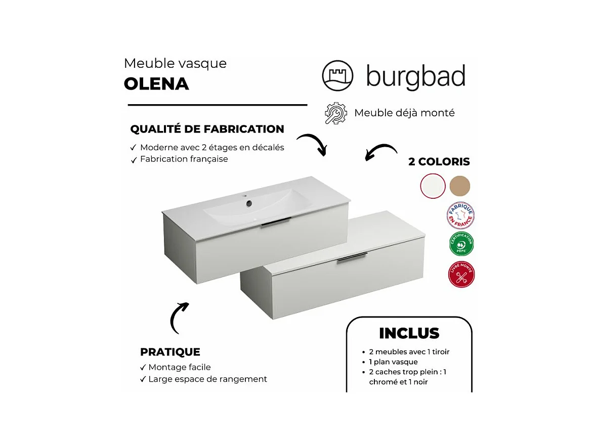 Meuble salle de bain vasque BURGBAD Olena en décaler 120 cm blanc brillant + colonne