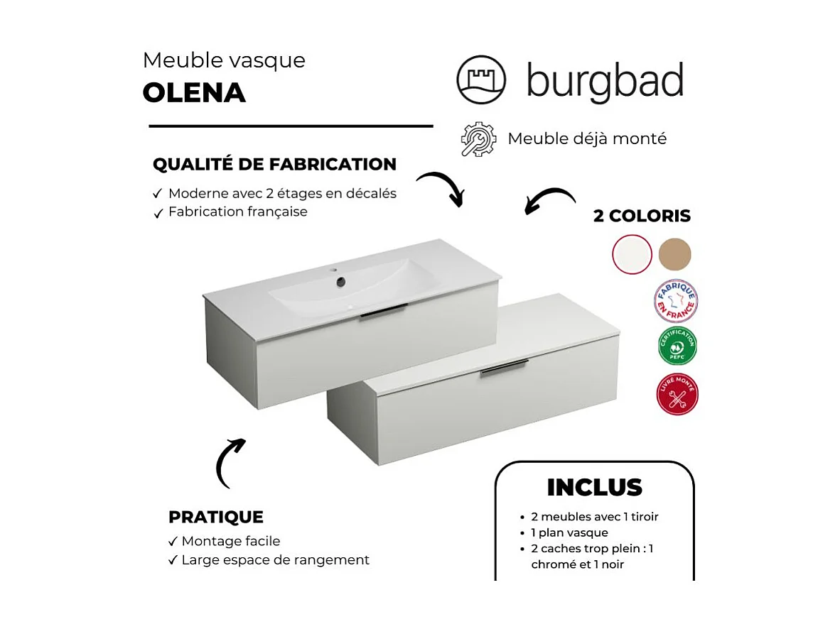 Meuble salle de bain vasque BURGBAD Olena en décaler 120 cm blanc brillant + colonne